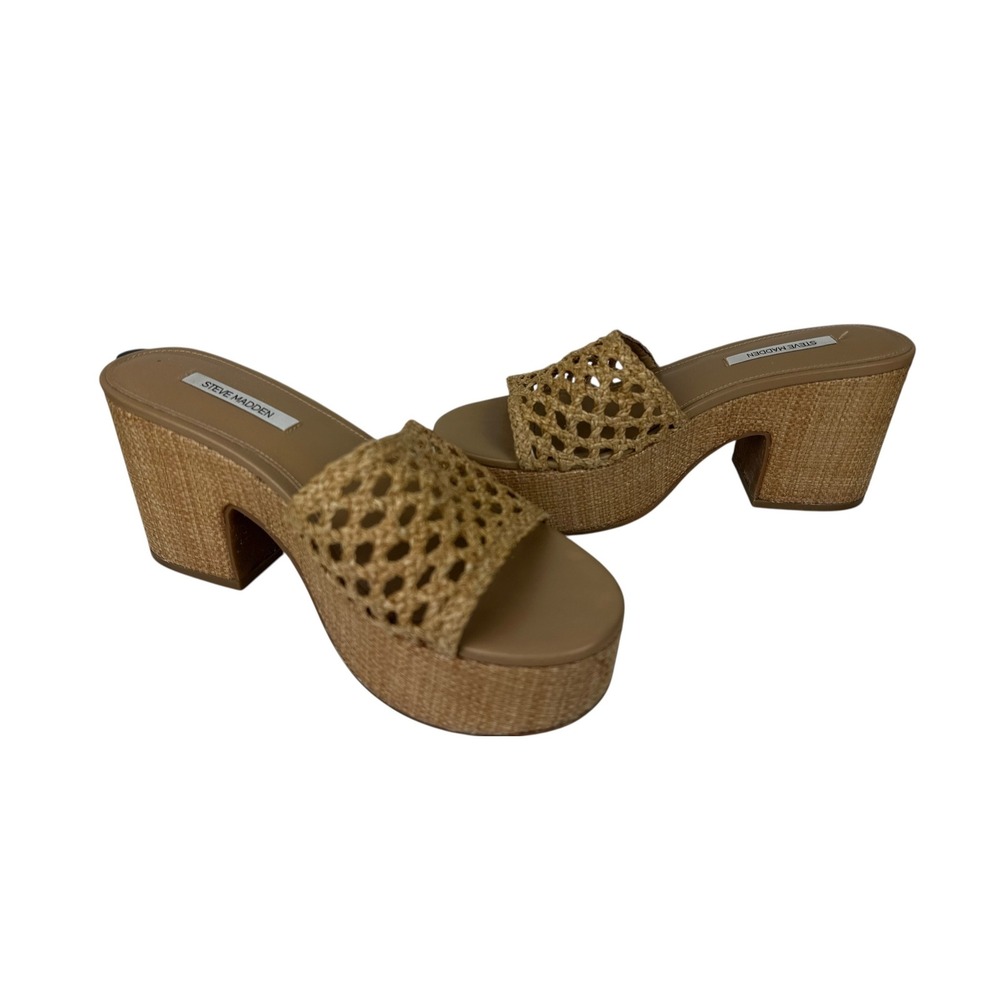 Steve Madden Womens Sz 7.5 Tan Woven Raffia Platform Block Heel Sandals Slide